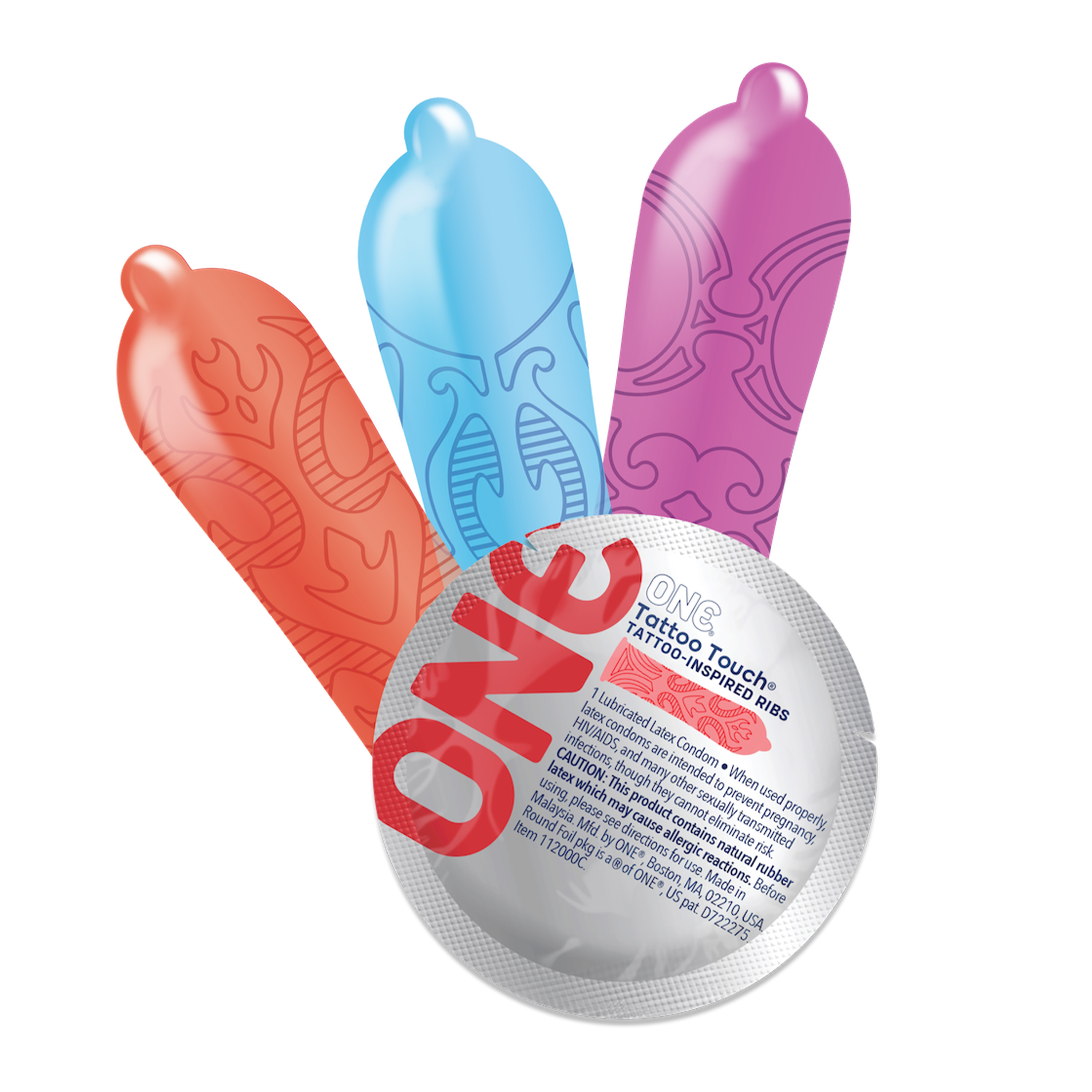 ONE «Tattoo Touch» 12 gemusterte Kondome mit Tattoo-Design auf dem Kondom - vegan & ohne schädlichen Inhaltsstoffe